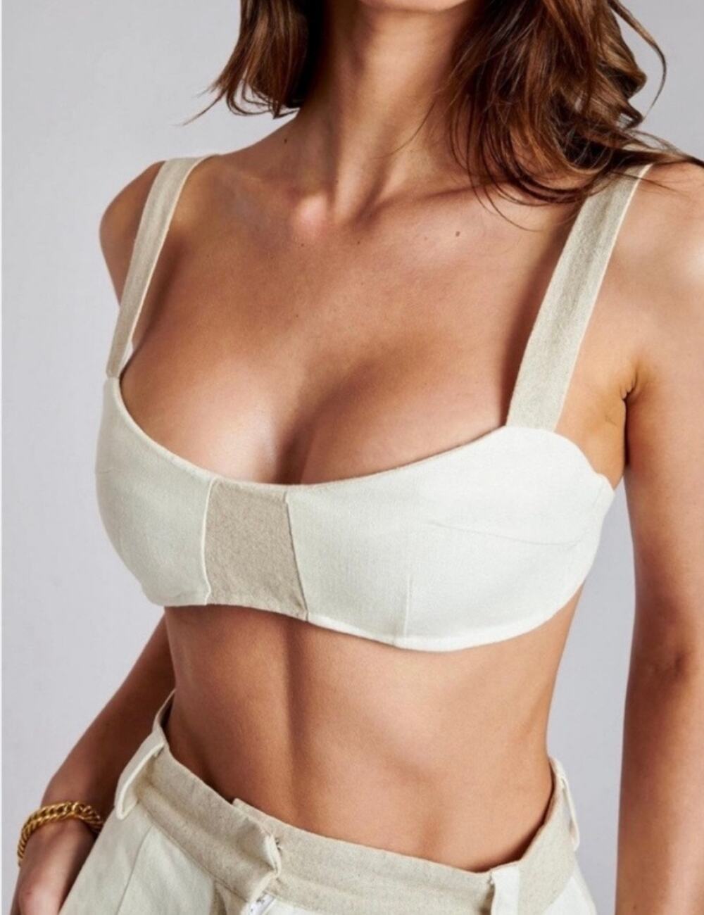 Meshki Yalda Beige Linen Colorblock Sleeveless Bustier Scoop Neck Crop Top Sz S